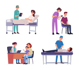 Medical composition. Healthcare services medical consulting exact vector cartoon doctors illustrations