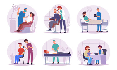 Healthcare concept. Set pictures of medical services exact vector doctors consult patients