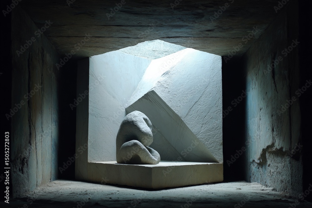 Aufkleber contemplative stone sculpture illuminated within a geometric alcove in an art gallery
