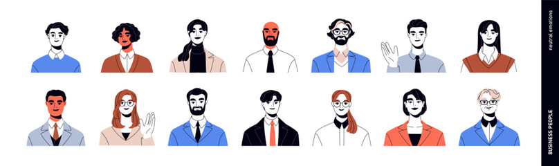 Business people avatars set. Professional male and female portraits. Office workers, entrepreneurs, employees in suits, glasses, user profiles. Flat vector illustration isolated on white background