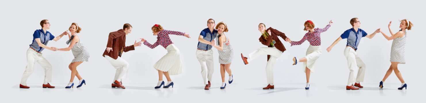 Collage. Retro swing dancers in colorful outfits performing joyful energetic steps and jumps in dynamic rhythm against white background. Concept of dance, retro culture, choreography, youth, movement