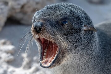 Seal vocalizing loudly on a rocky beach during daylight