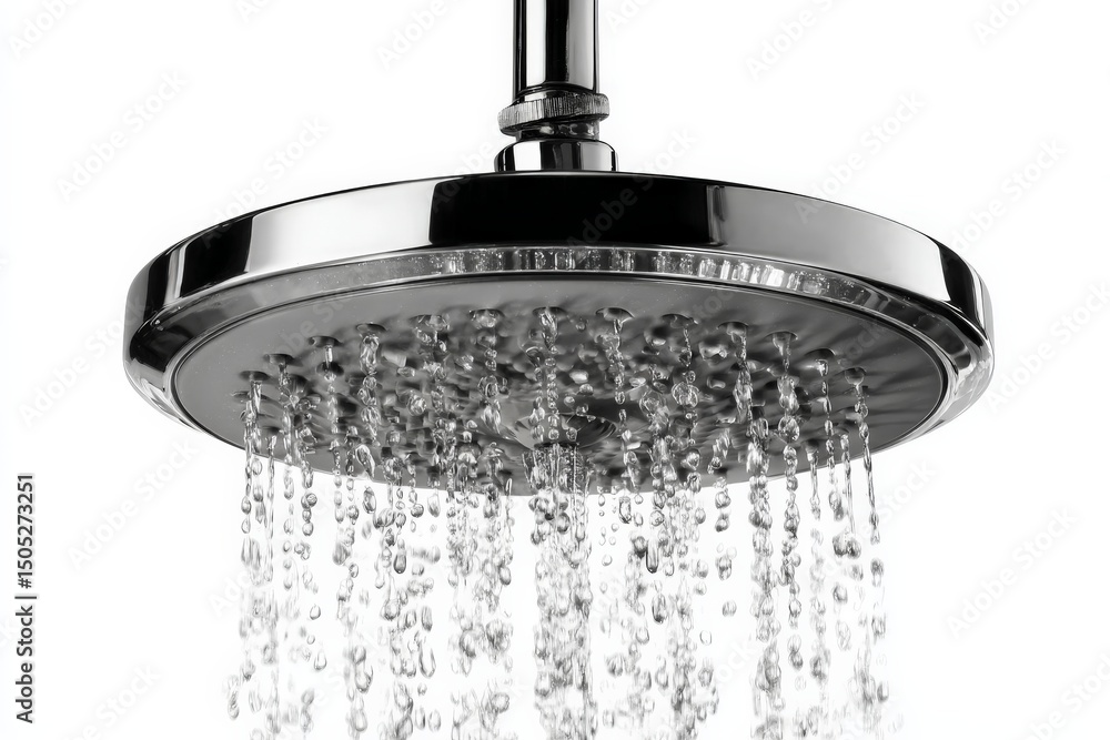 Poster shower head with cascading water droplets creating a refreshing bathing experience in a modern bathr