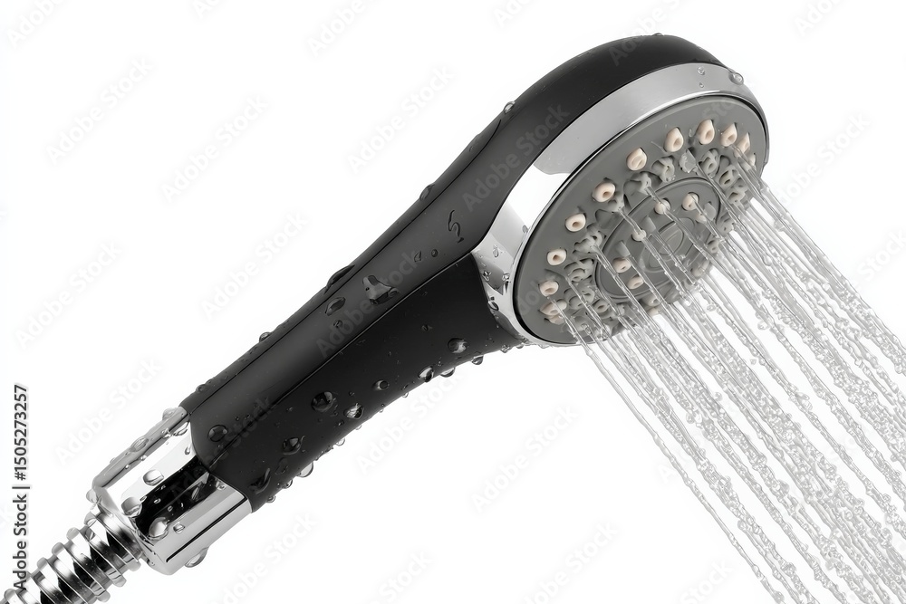 Poster modern showerhead with water flowing in a bathroom setting creating a refreshing atmosphere