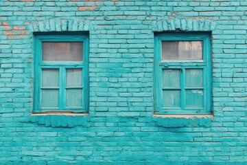 Fototapeta premium Teal Brick Wall Texture with Painted Windows and Blue Glass Elements