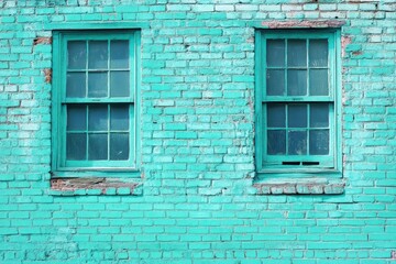 Teal Brick Wall Texture with Painted Windows. Turquoise Colored Bricks and Glass Reflection