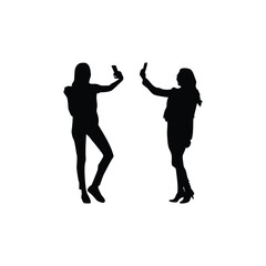 Silhouette Set of Women Taking Selfies with Mobile Phones Vector Collection Featuring Various Poses and Smartphone Angles on a White Background