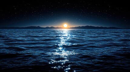 Tranquil Moonlit Ocean Scene with Shimmering Water Reflections