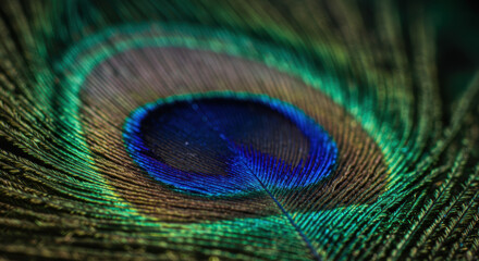 A detailed view of a vibrant peacock feather, showcasing intricate patterns and colors.