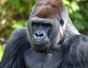 A gorilla is staring at the camera with a serious expression