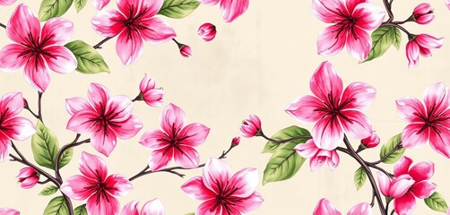 Obraz premium Seamless watercolor floral pattern; pink blossoms on vintage background, floral background, wallpaper