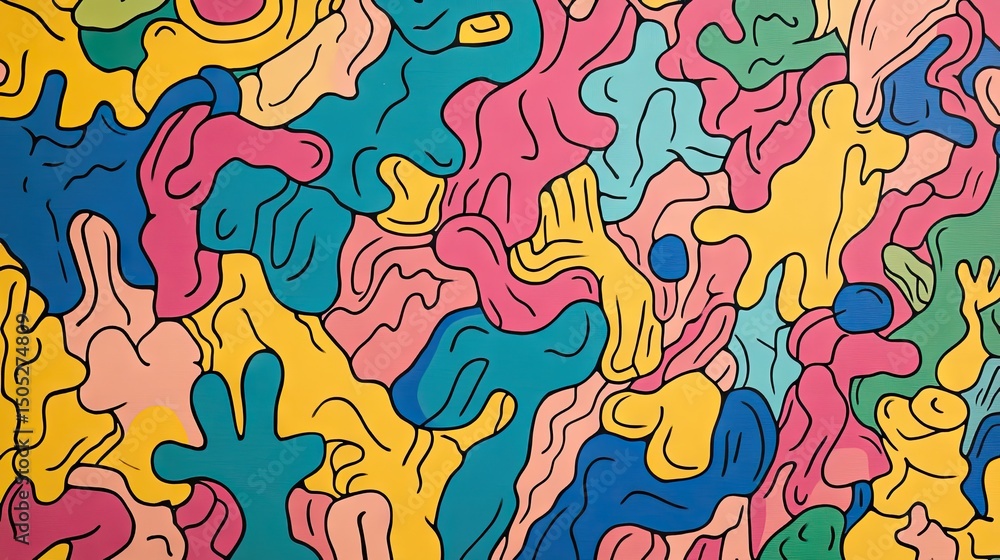 Poster vibrant abstract artwork featuring an array of interconnected, organic shapes in various pastel and 
