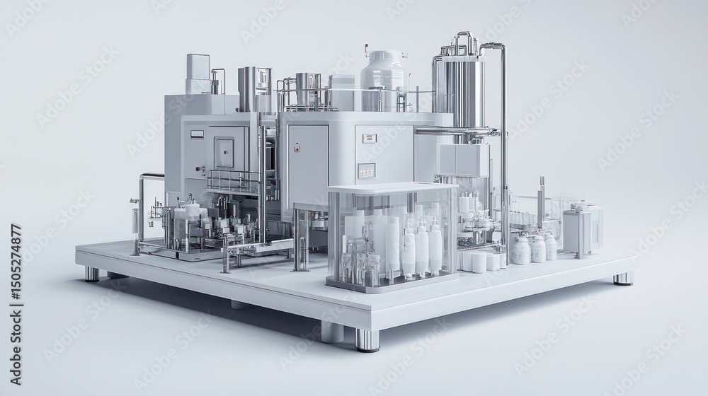 Aufkleber advanced automated production line: a 3d rendering of a modern, sterile factory for manufacturing an