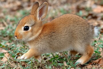 Fototapeta premium Cute young rabbit hops through grass during a sunny day in a garden setting, showcasing nature's charm and playful spirit