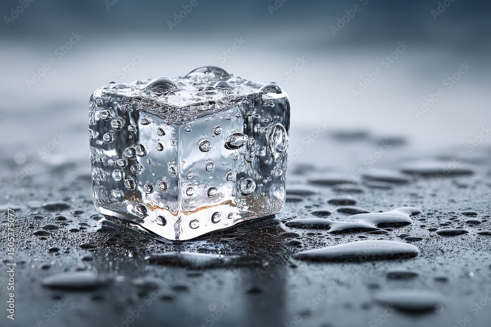Poster Ice cube resting on a dark surface with droplets and bubbles reflecting light in a close-up setting