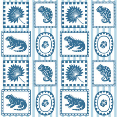 Monochrome seamless pattern with iguanas, chameleons, and tropical elements in bold graphic frames, perfect for jungle-themed prints and modern decor.