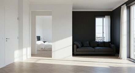 Obraz premium A minimalistic and stylish luxury apartment interior, featuring a bright white bedroom contrasting with a dark living room, showcasing an open layout bathed in amazing sun rays during the day