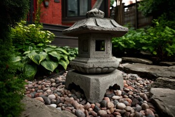Stone lantern enhances garden charm with serene greenery and pebbles in urban landscape