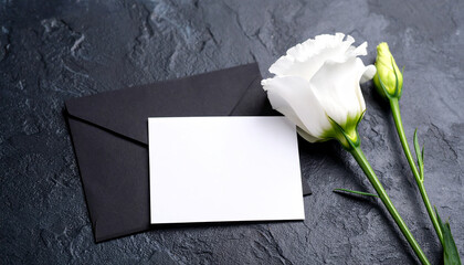 Condolence card and white flower on dark stone surface. Mock-up.