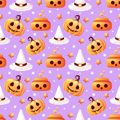 Happy Halloween seamless pattern. Scary pumpkin, witch hat, potion. Holiday vector illustration