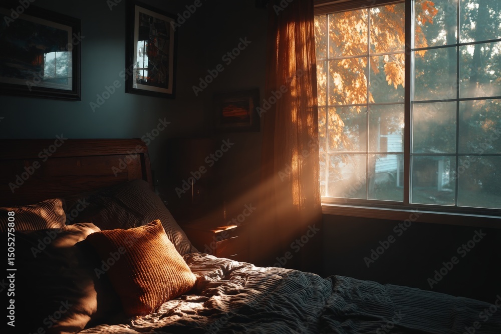 Poster warm sunlight filters through the window creating a cozy atmosphere in a bedroom during autumn after