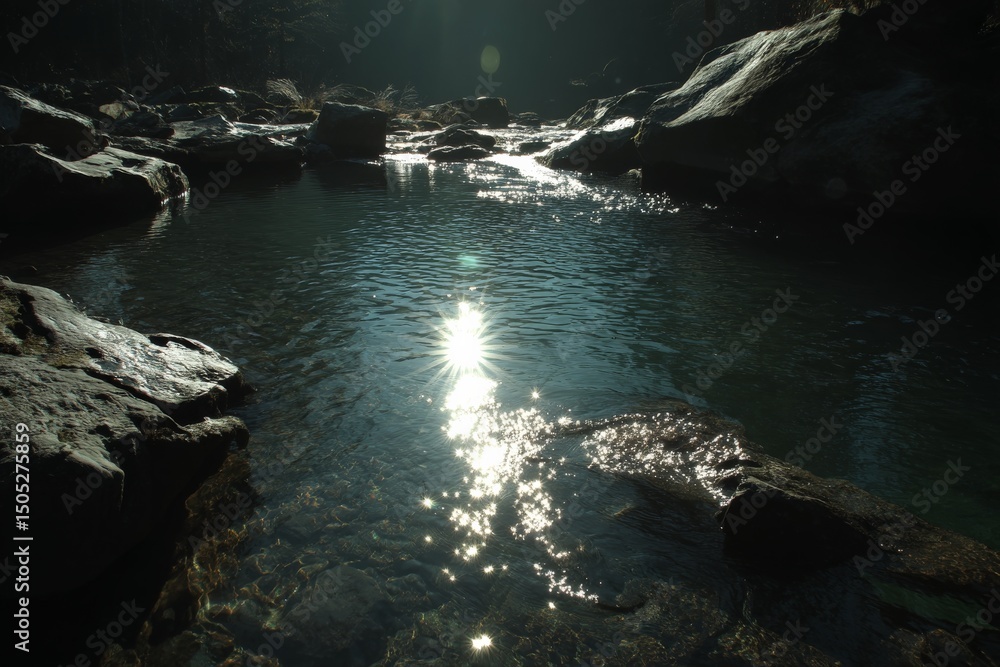 Poster morning sunlight reflects on a tranquil stream surrounded by rocks in a serene forest setting