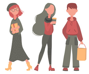 Young people in green and red clothes with gifts and coffee, set