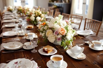 Elegant dining setup with floral centerpieces in a well-lit venue for an afternoon gathering