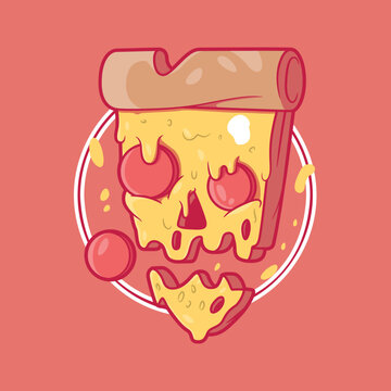 Skull Slice: Creepy Cool Pizza vector illustration. Food, brand design concept.