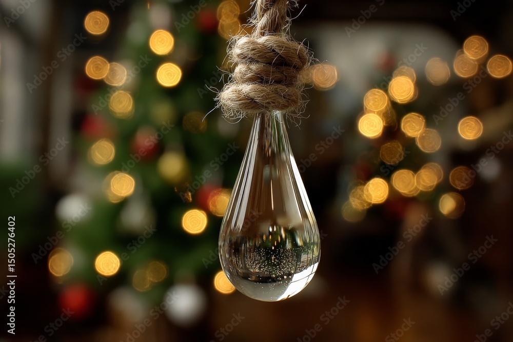 Poster decorative water drop ornament hanging with christmas tree in background illuminated by light