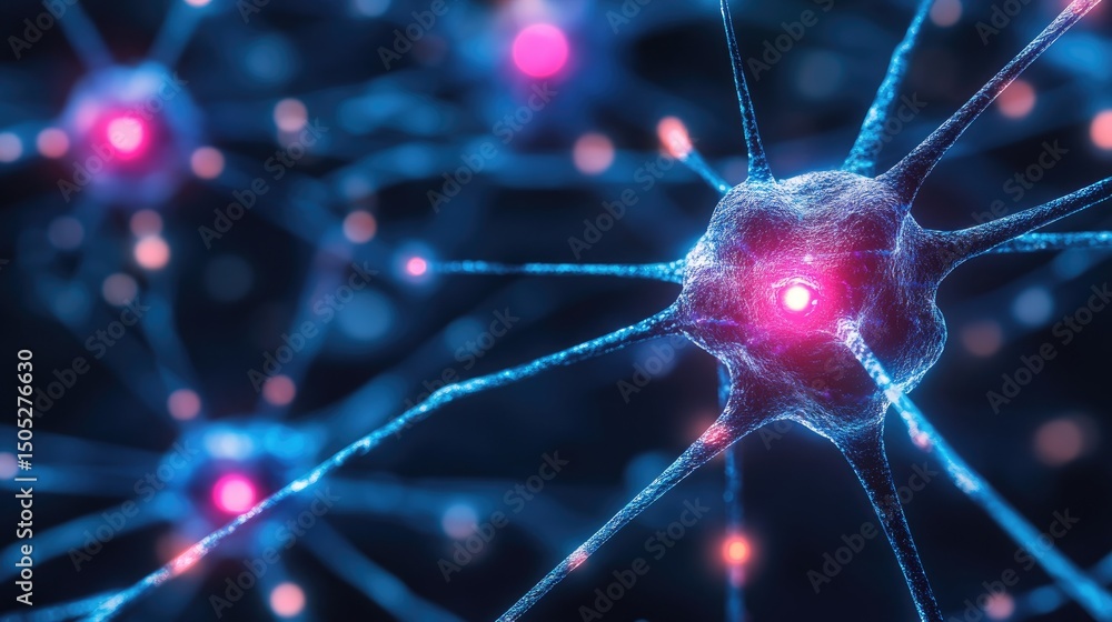 Poster microscopic view of glowing neurons interconnected, forming a complex neural network