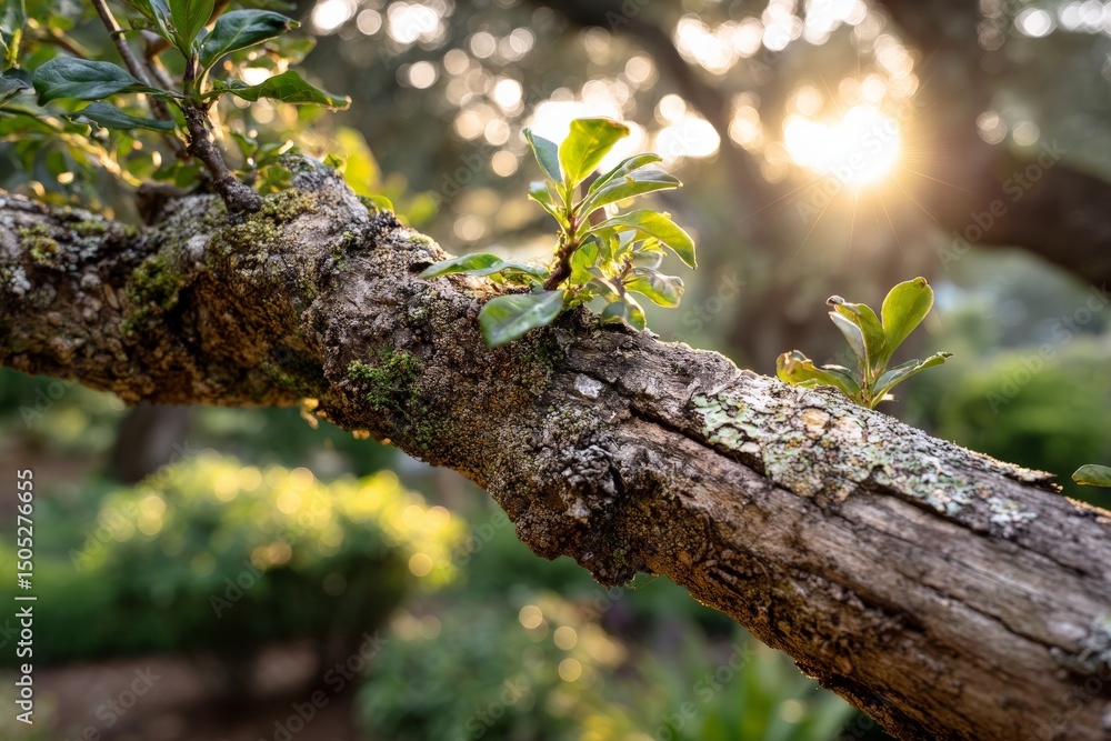 Poster fresh green leaves emerge from an old tree branch illuminated by the soft glow of the sunset in a tr