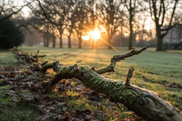 Obraz premium Morning sunlight breaking through trees in a tranquil park setting during early hours