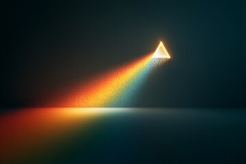 Display of light refracting through a triangle, creating a vibrant rainbow spectrum on a dark background