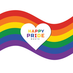 Colorful pride month celebration design with rainbow and heart shaped message on white background