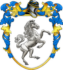 A horse coat of arms or crest family heraldry medieval heraldic knight shield with helmet and acanthus filigree scroll ornament in a vintage woodcut style.