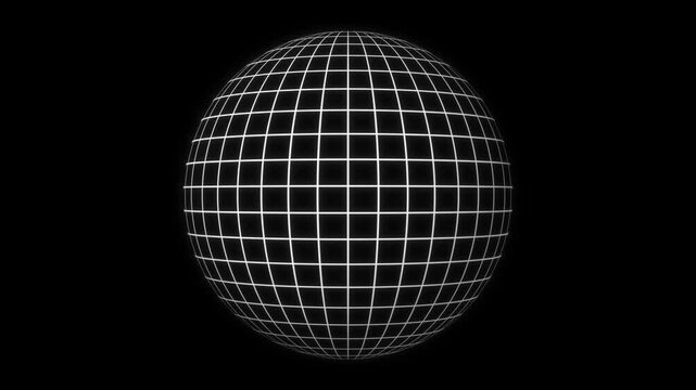 3D Rotating White Wireframe Sphere on Black Background, Futuristic Grid Globe Animation, Seamless 4K Looping
