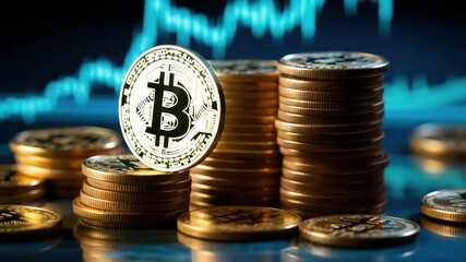 Bitcoin Cryptocurrency coins with price Rise and fall chart. Electronic money.Trading on the cryptocurrency exchange.Digital market. - Powered by Adobe