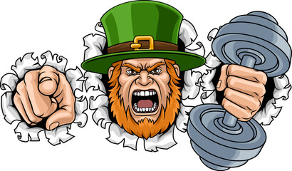 An angry Leprechaun Celtic Irish personal trainer cartoon character holding weight lifting dumbbell and pointing sports team gym mascot illustration.