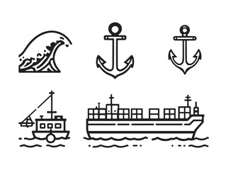 Vector seaport line art with cargo ships and cranes