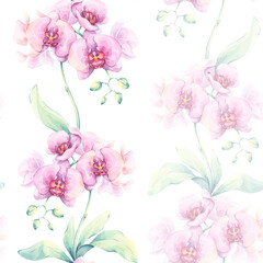 Pink orchid seamless pattern. Watercolor illustration with delicate exotic flowers and green leaves on a white background. Perfect for wrapping paper, fabric, floral-themed designs and stationary