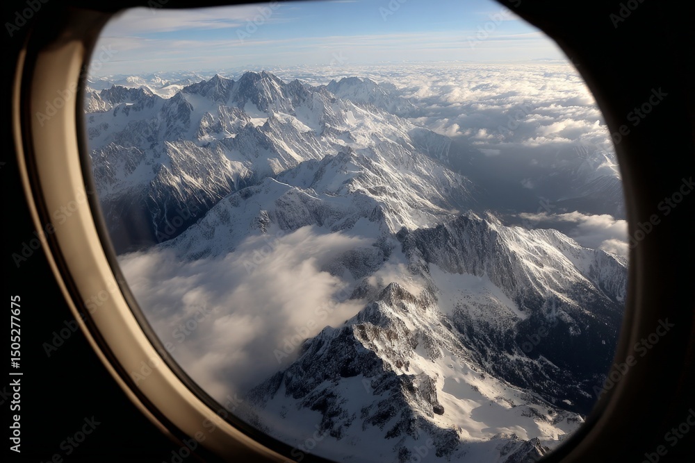 Poster breathtaking view of snow-capped mountains during flight over rugged terrain in daylight