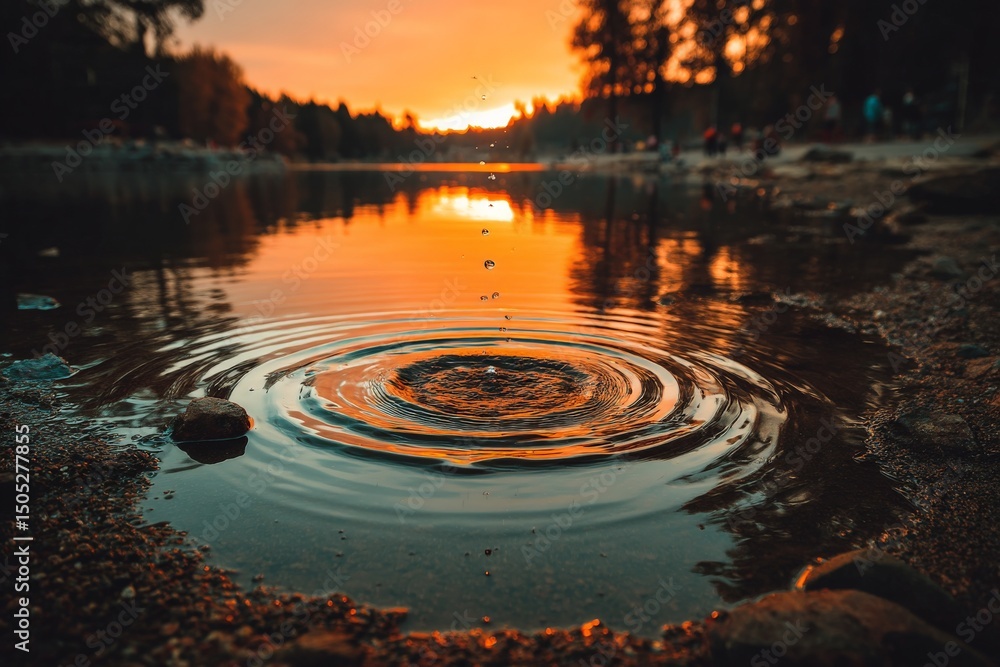 Aufkleber Sunset reflections on a serene lake with ripples creating a tranquil atmosphere in the evening