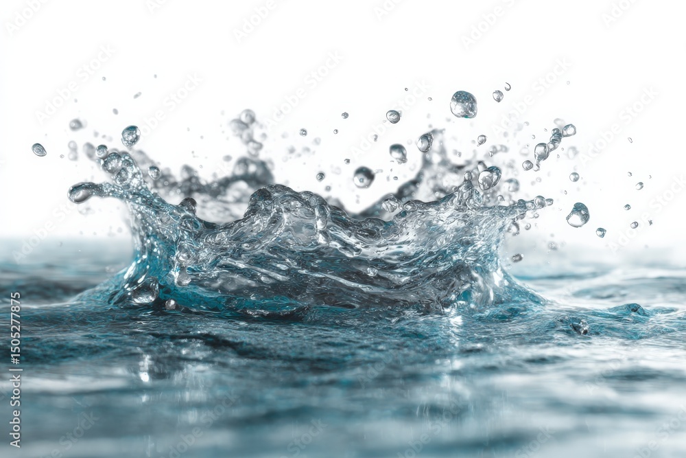 Poster water splash creating ripples with droplets in bright light at a serene setting
