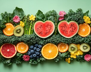 Heart-Shaped Watermelon Slices and Citrus Fruits on a Bed of Kal