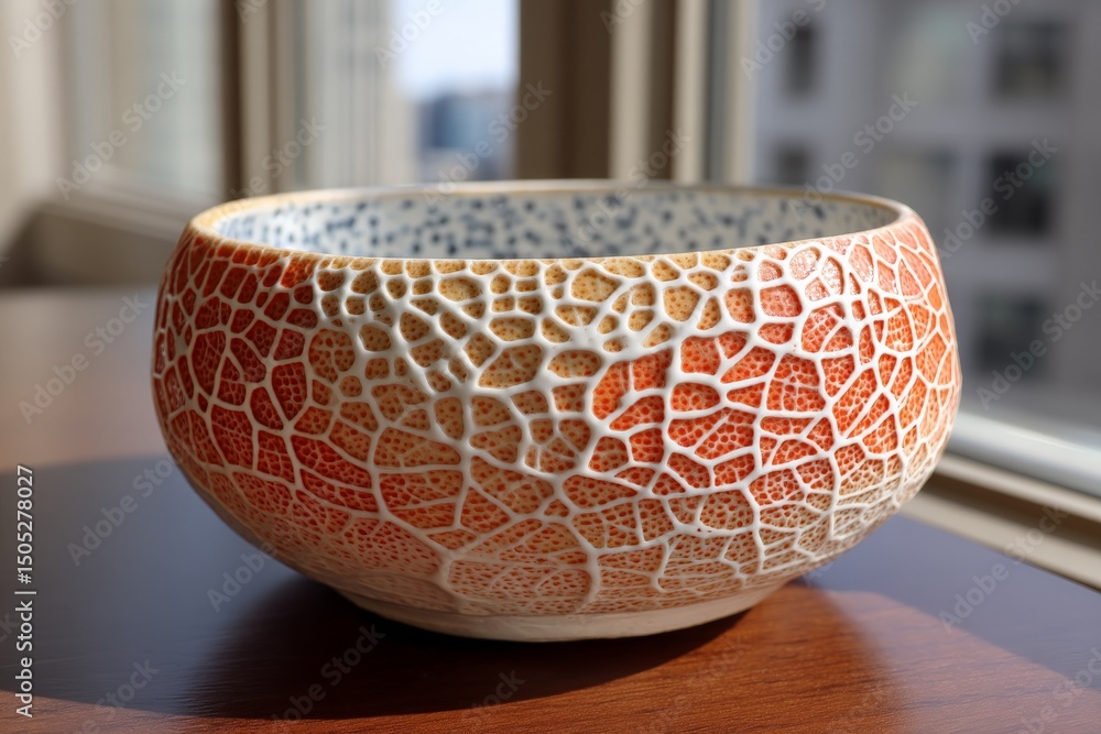 Poster ceramic bowl with intricate pattern displayed on wooden surface near window during daytime