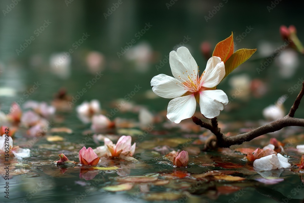 Poster blossoms float serenely on calm water during spring in a tranquil garden setting