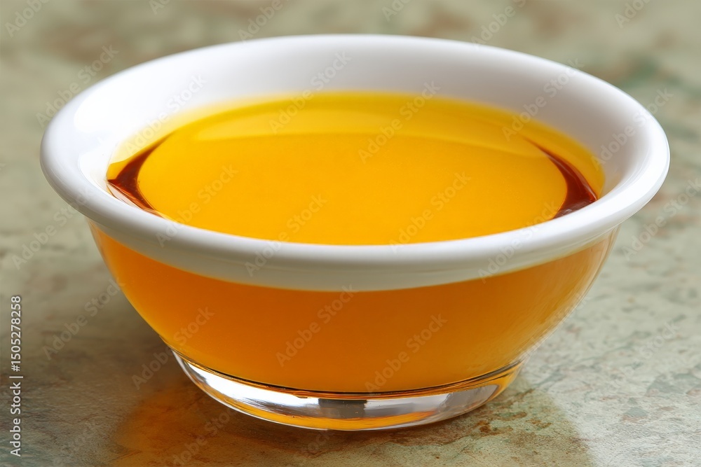 Poster bowl of bright yellow oil placed on a textured surface in warm lighting creating a vibrant culinary 