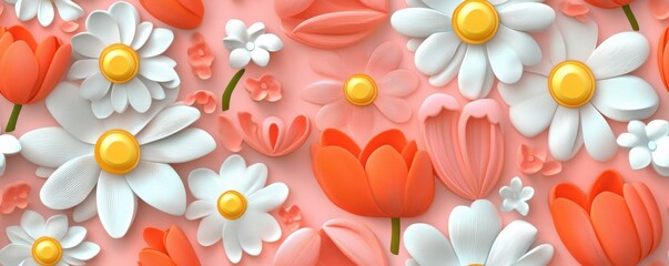seamless 3d pattern with stylized daisy and tulip flowers, vibrant lighting   tile