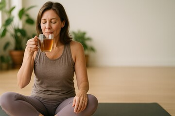 Woman in her 40s sits cross-legged on the floor post-yoga, sipping an adaptogenic herbal drink from a glass mug.